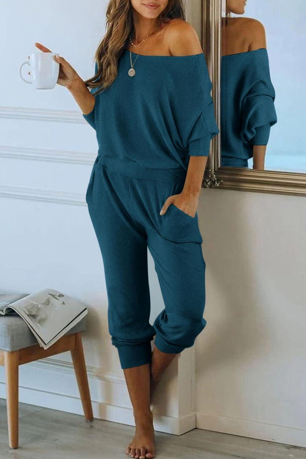 imagePRETTYGARDEN Two Piece Sets for Women 2026 Casual Ribbed Knit Off Shoulder Tops Lounge Pants Fall Tracksuits Winter ClothesLake Blue