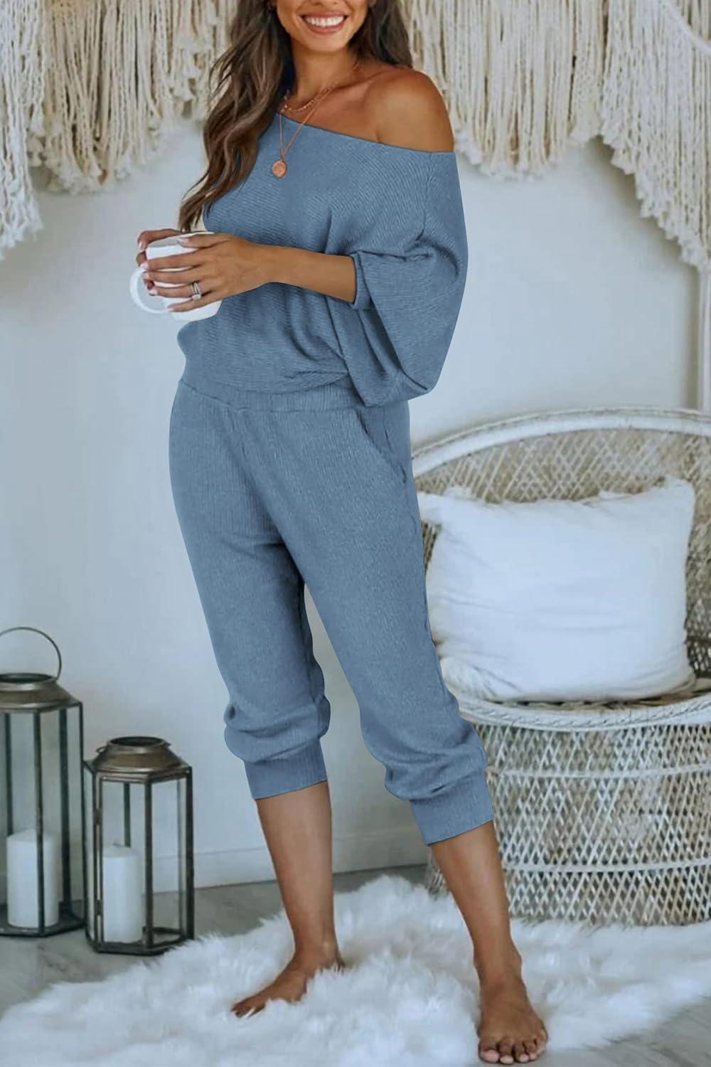 imagePRETTYGARDEN Two Piece Sets for Women 2026 Casual Ribbed Knit Off Shoulder Tops Lounge Pants Fall Tracksuits Winter ClothesLight Blue