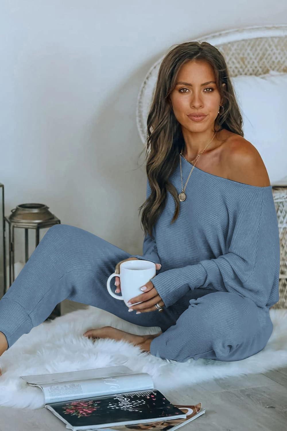 imagePRETTYGARDEN Two Piece Sets for Women 2026 Casual Ribbed Knit Off Shoulder Tops Lounge Pants Fall Tracksuits Winter ClothesLight Blue