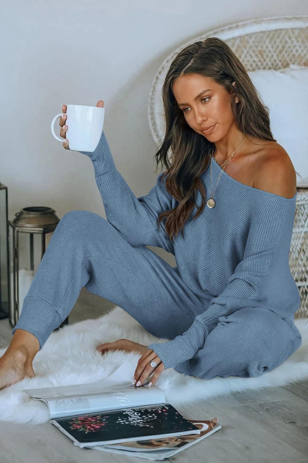 imagePRETTYGARDEN Two Piece Sets for Women 2026 Casual Ribbed Knit Off Shoulder Tops Lounge Pants Fall Tracksuits Winter ClothesLight Blue