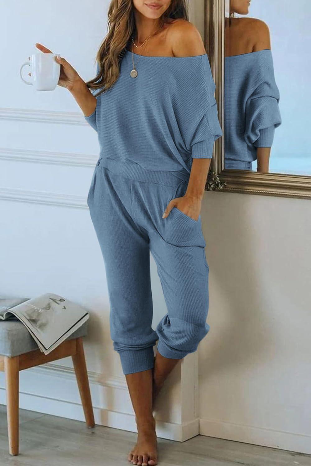 imagePRETTYGARDEN Two Piece Sets for Women 2026 Casual Ribbed Knit Off Shoulder Tops Lounge Pants Fall Tracksuits Winter ClothesLight Blue