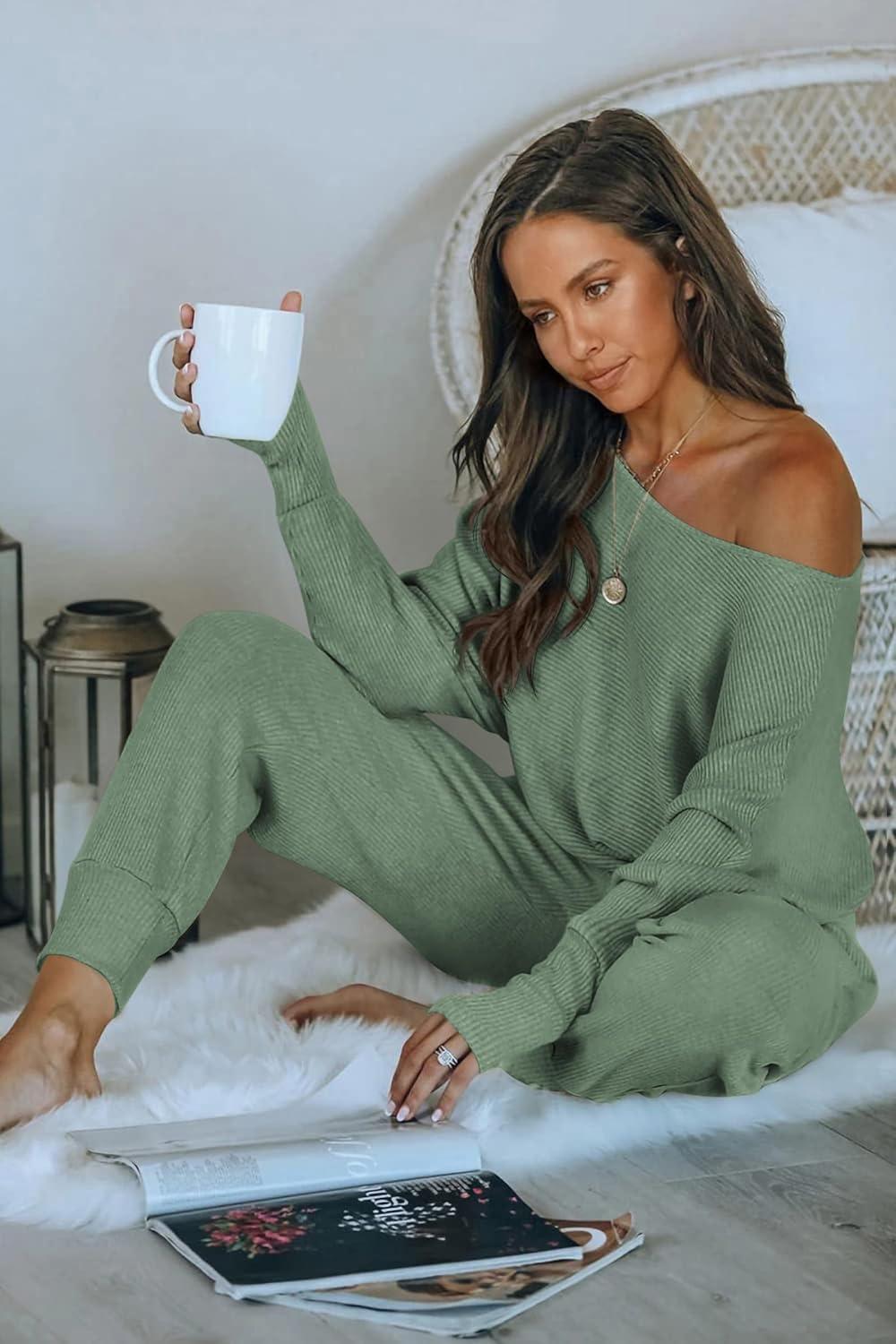 imagePRETTYGARDEN Two Piece Sets for Women 2026 Casual Ribbed Knit Off Shoulder Tops Lounge Pants Fall Tracksuits Winter ClothesLight Green