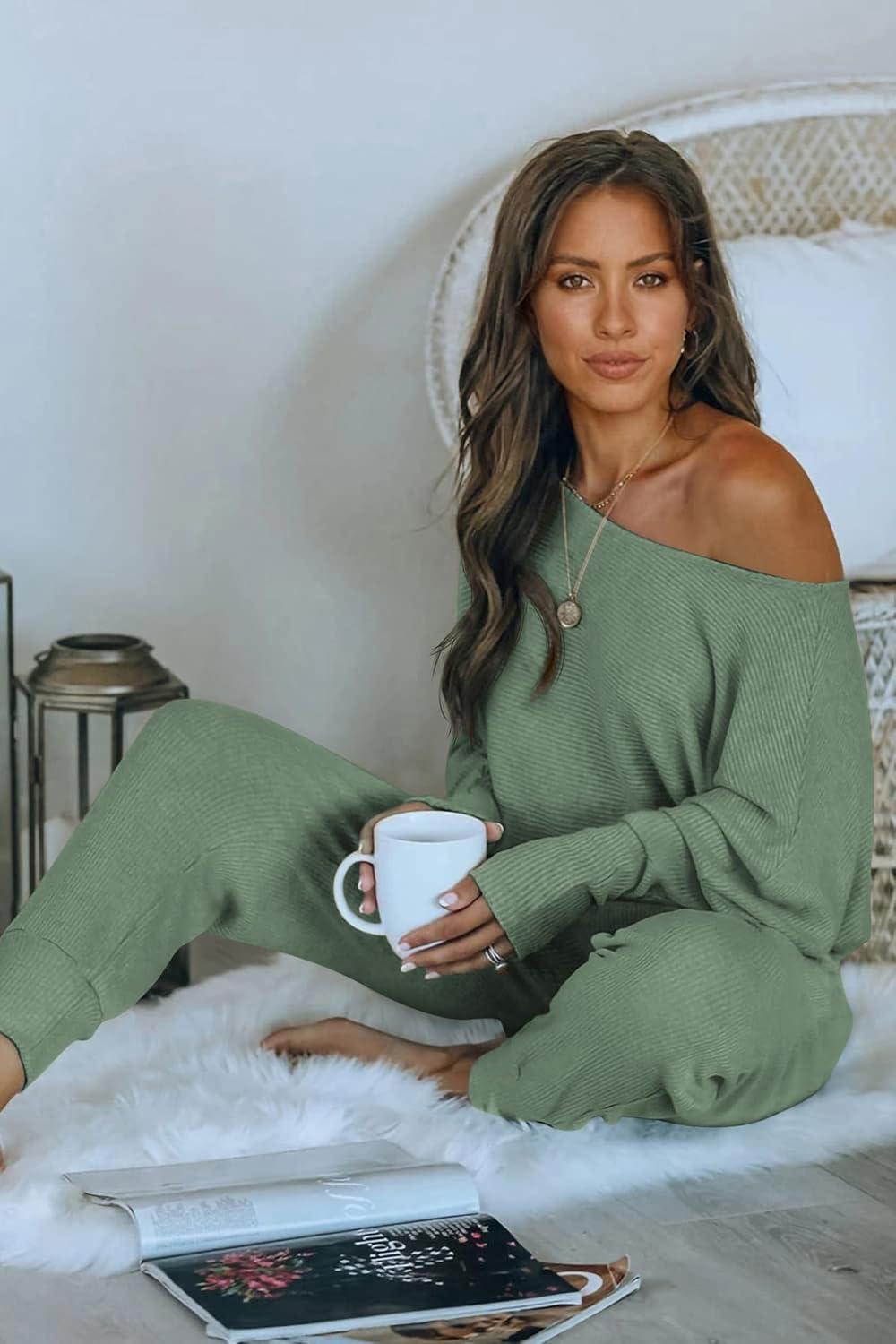 imagePRETTYGARDEN Two Piece Sets for Women 2026 Casual Ribbed Knit Off Shoulder Tops Lounge Pants Fall Tracksuits Winter ClothesLight Green
