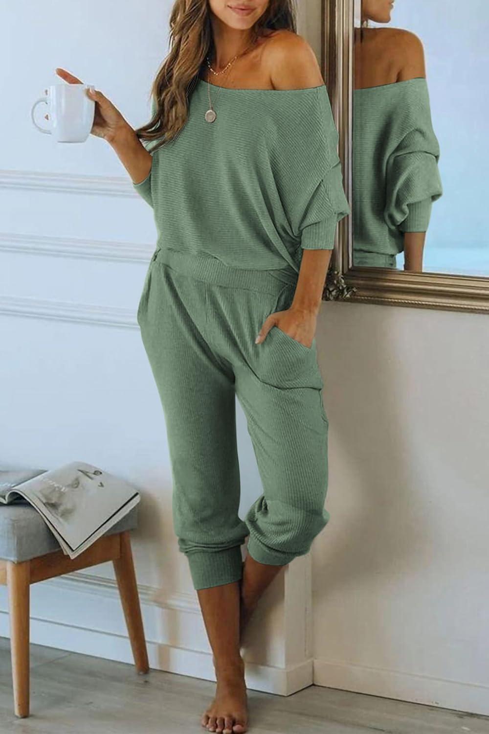 imagePRETTYGARDEN Two Piece Sets for Women 2026 Casual Ribbed Knit Off Shoulder Tops Lounge Pants Fall Tracksuits Winter ClothesLight Green