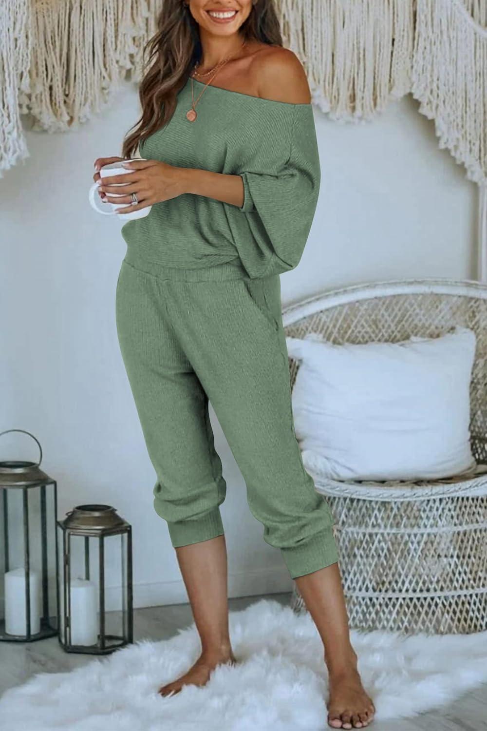 imagePRETTYGARDEN Two Piece Sets for Women 2026 Casual Ribbed Knit Off Shoulder Tops Lounge Pants Fall Tracksuits Winter ClothesLight Green