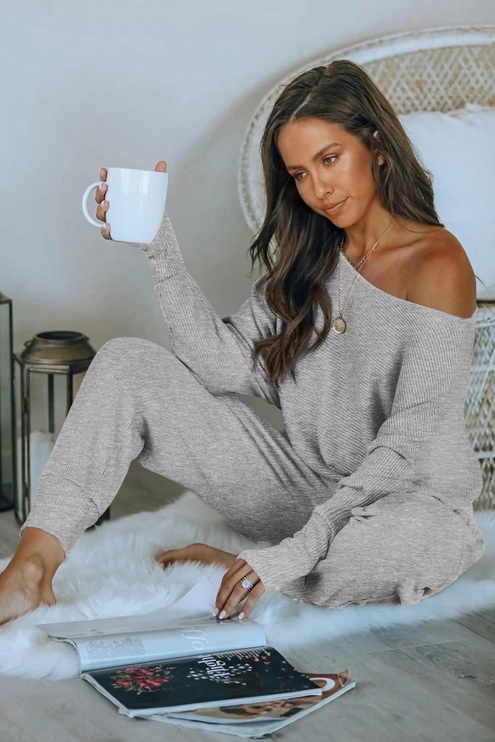 imagePRETTYGARDEN Two Piece Sets for Women 2026 Casual Ribbed Knit Off Shoulder Tops Lounge Pants Fall Tracksuits Winter ClothesLight Grey