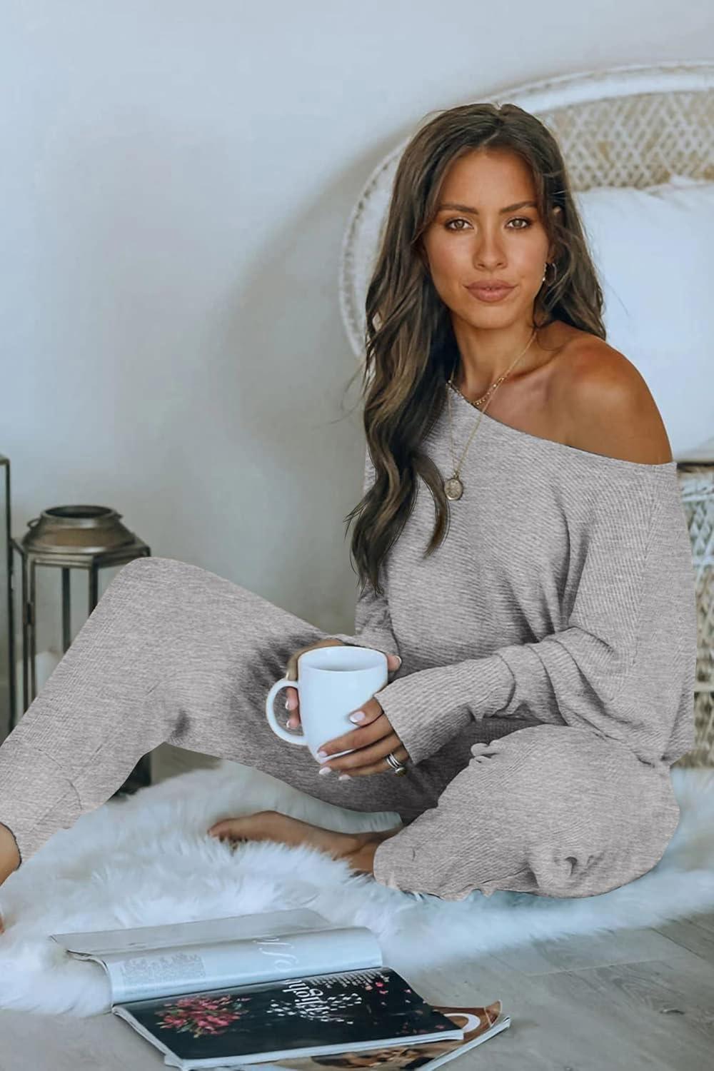 imagePRETTYGARDEN Two Piece Sets for Women 2026 Casual Ribbed Knit Off Shoulder Tops Lounge Pants Fall Tracksuits Winter ClothesLight Grey