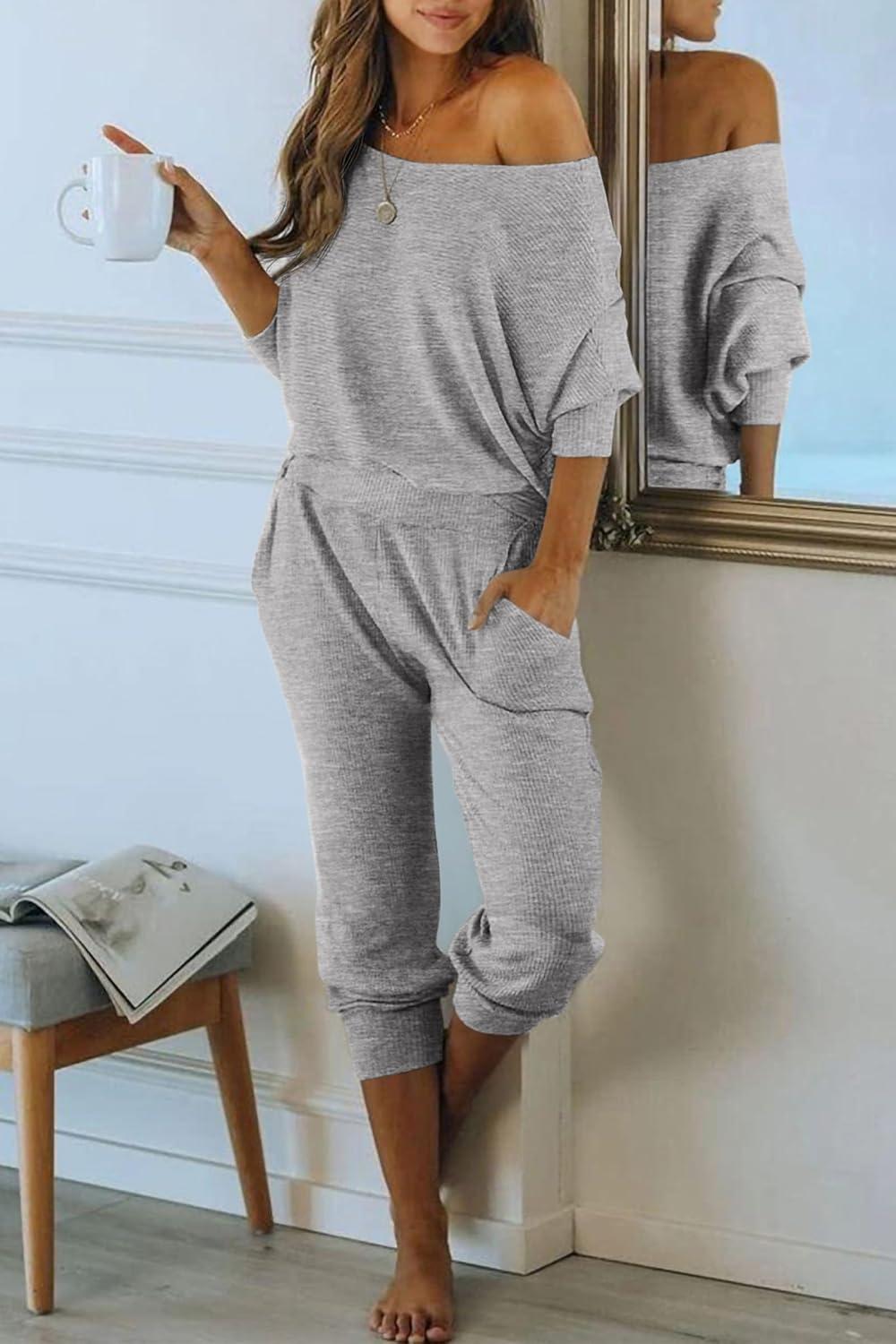 imagePRETTYGARDEN Two Piece Sets for Women 2026 Casual Ribbed Knit Off Shoulder Tops Lounge Pants Fall Tracksuits Winter ClothesLight Grey