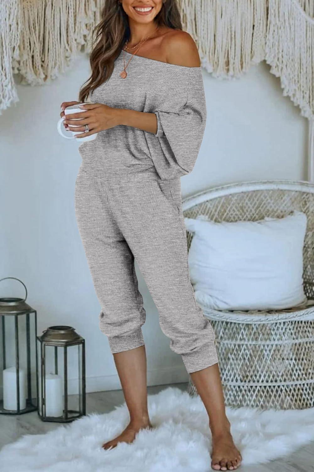 imagePRETTYGARDEN Two Piece Sets for Women 2026 Casual Ribbed Knit Off Shoulder Tops Lounge Pants Fall Tracksuits Winter ClothesLight Grey