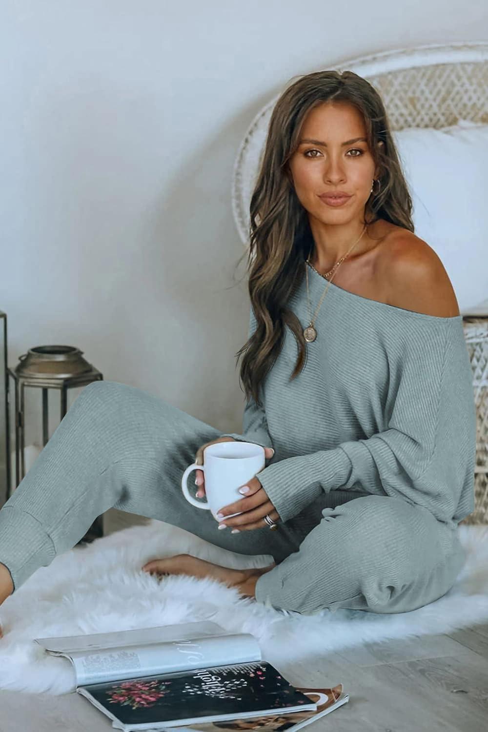 imagePRETTYGARDEN Two Piece Sets for Women 2026 Casual Ribbed Knit Off Shoulder Tops Lounge Pants Fall Tracksuits Winter ClothesLight Grey Blue