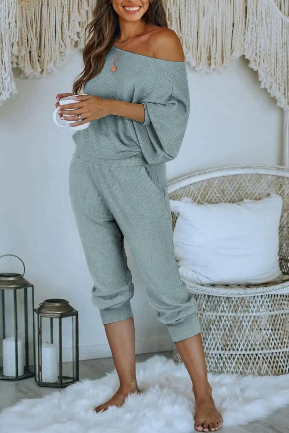 imagePRETTYGARDEN Two Piece Sets for Women 2026 Casual Ribbed Knit Off Shoulder Tops Lounge Pants Fall Tracksuits Winter ClothesLight Grey Blue