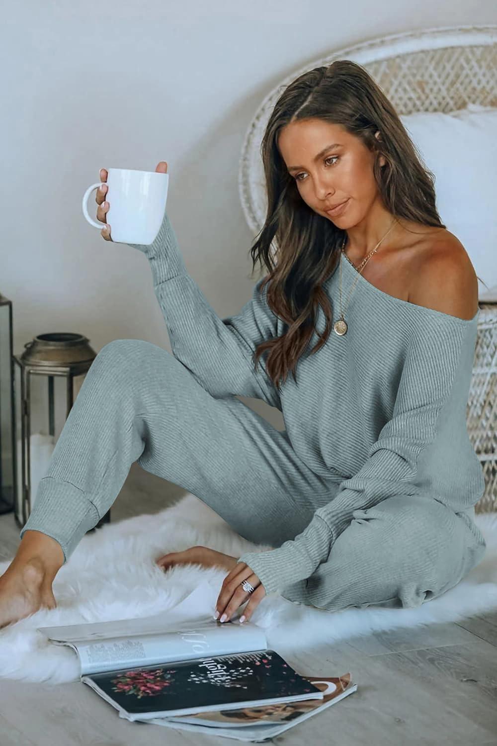 imagePRETTYGARDEN Two Piece Sets for Women 2026 Casual Ribbed Knit Off Shoulder Tops Lounge Pants Fall Tracksuits Winter ClothesLight Grey Blue