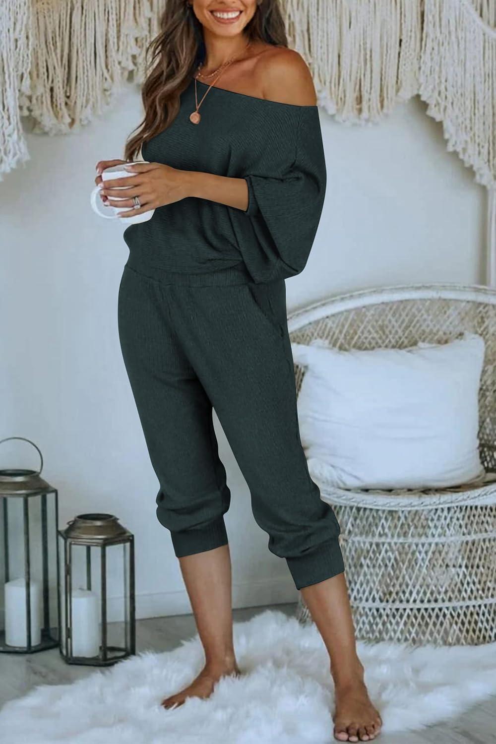 imagePRETTYGARDEN Two Piece Sets for Women 2026 Casual Ribbed Knit Off Shoulder Tops Lounge Pants Fall Tracksuits Winter ClothesNavy