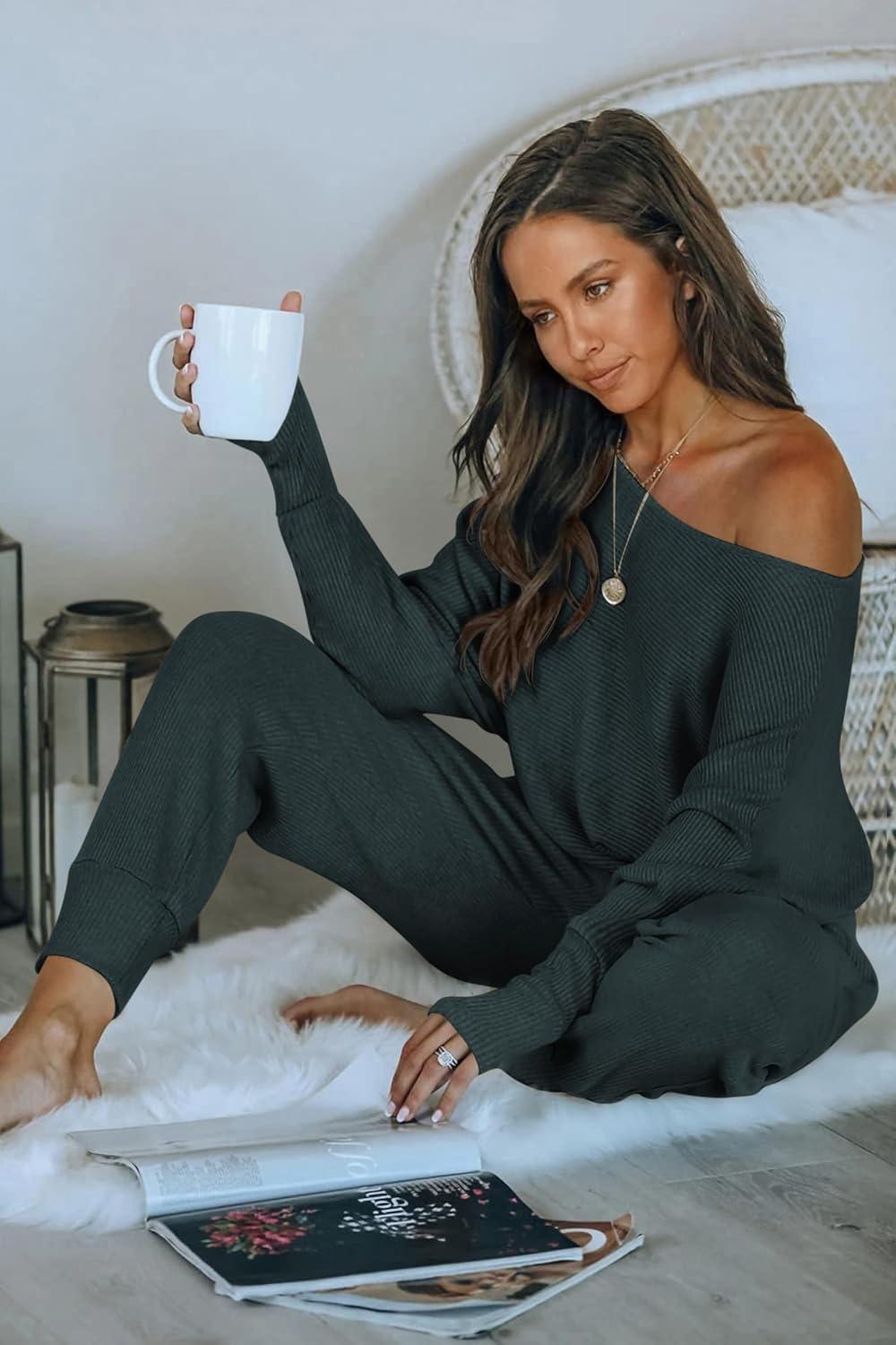 imagePRETTYGARDEN Two Piece Sets for Women 2026 Casual Ribbed Knit Off Shoulder Tops Lounge Pants Fall Tracksuits Winter ClothesNavy