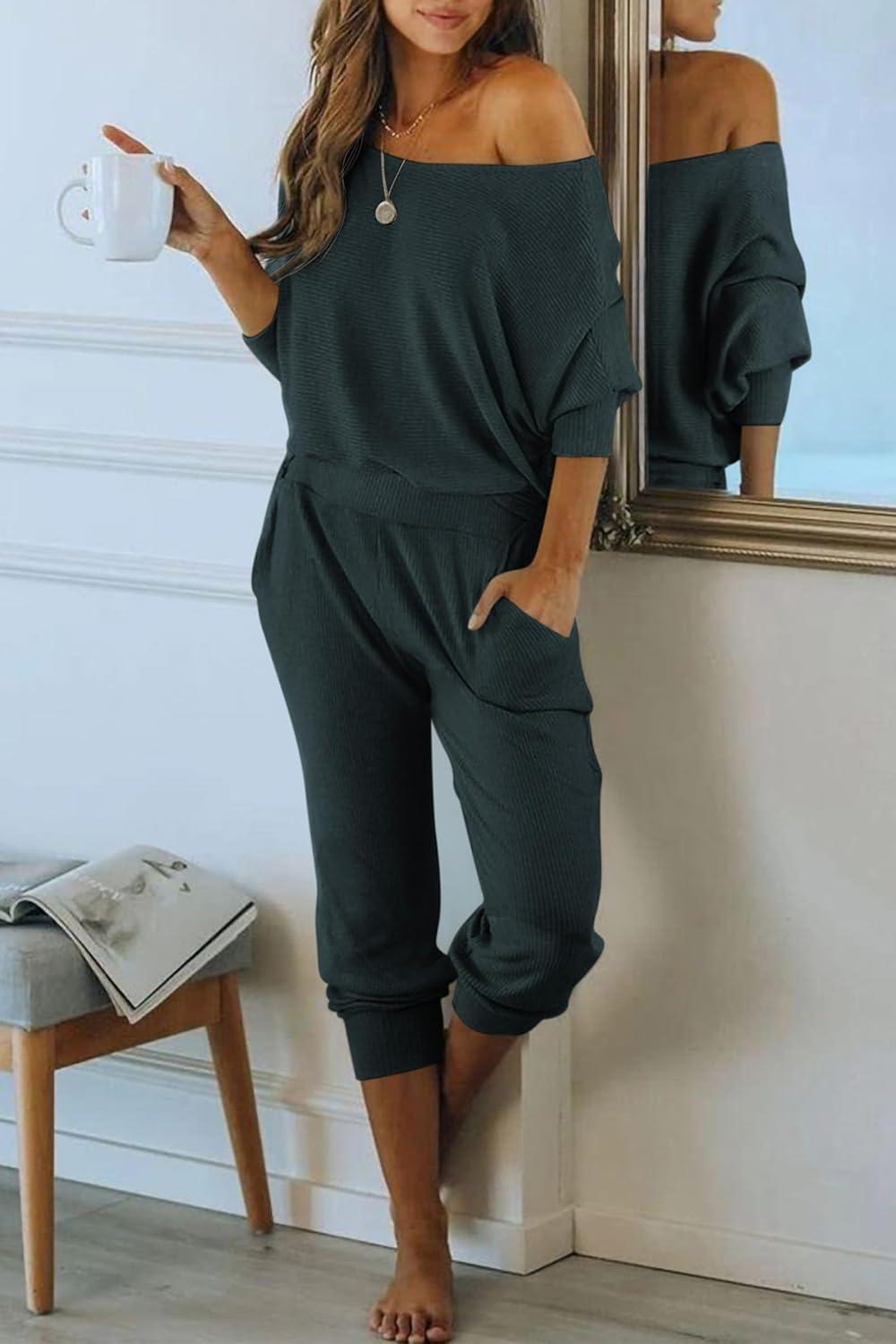 imagePRETTYGARDEN Two Piece Sets for Women 2026 Casual Ribbed Knit Off Shoulder Tops Lounge Pants Fall Tracksuits Winter ClothesNavy