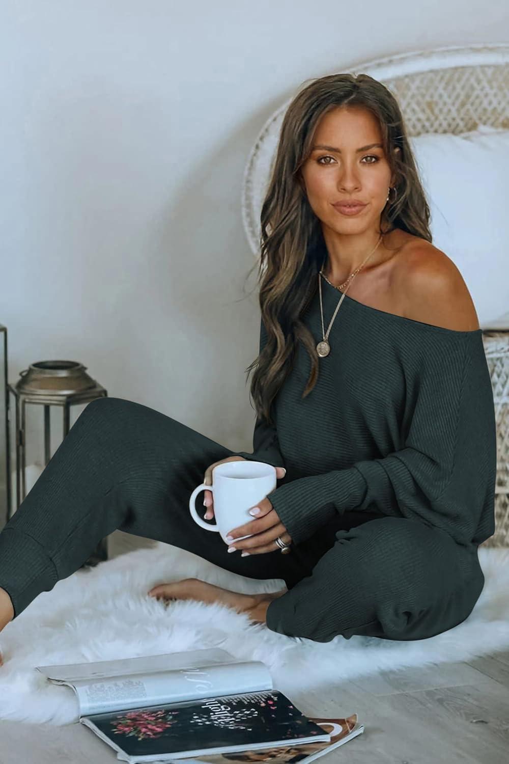 imagePRETTYGARDEN Two Piece Sets for Women 2026 Casual Ribbed Knit Off Shoulder Tops Lounge Pants Fall Tracksuits Winter ClothesNavy