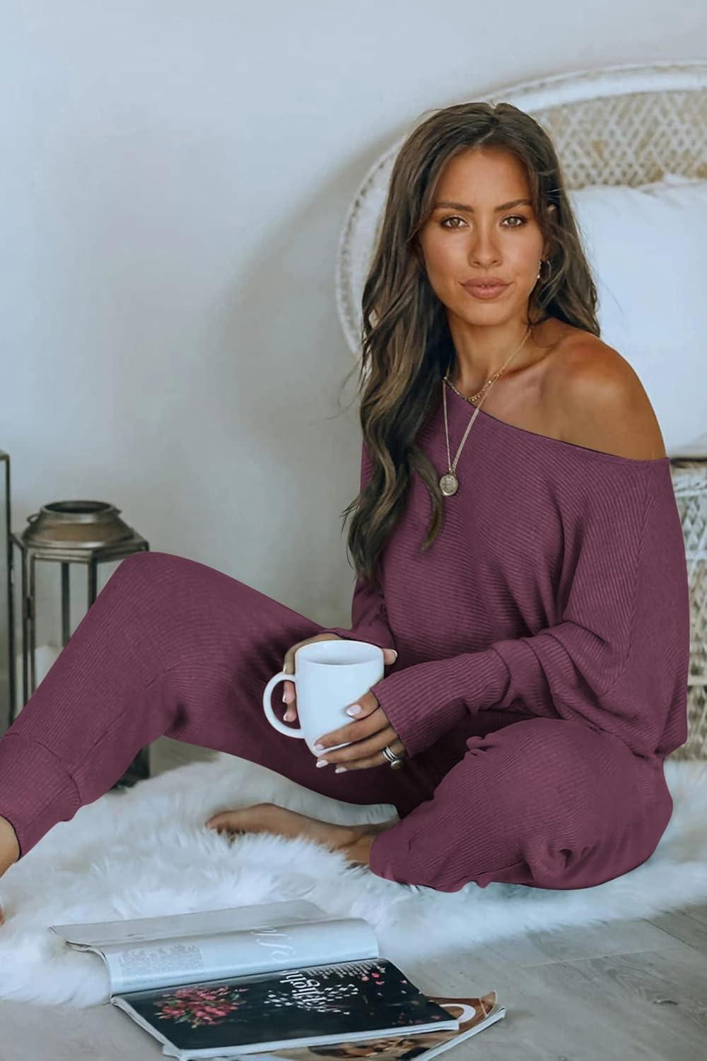 imagePRETTYGARDEN Two Piece Sets for Women 2026 Casual Ribbed Knit Off Shoulder Tops Lounge Pants Fall Tracksuits Winter ClothesPurple Red