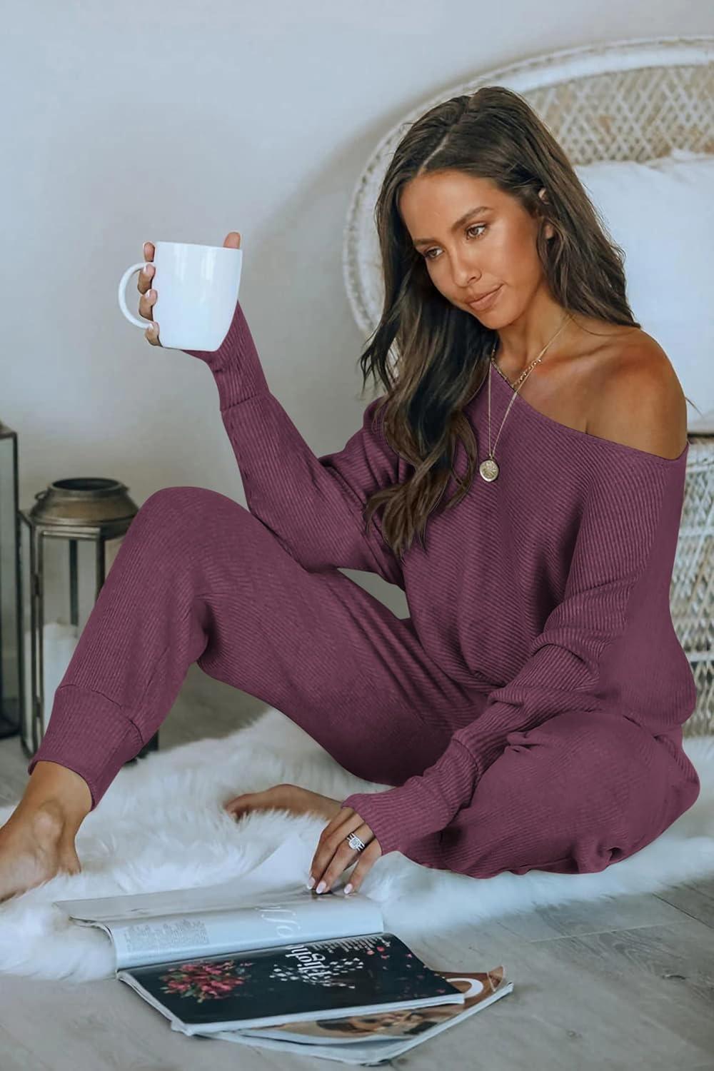 imagePRETTYGARDEN Two Piece Sets for Women 2026 Casual Ribbed Knit Off Shoulder Tops Lounge Pants Fall Tracksuits Winter ClothesPurple Red