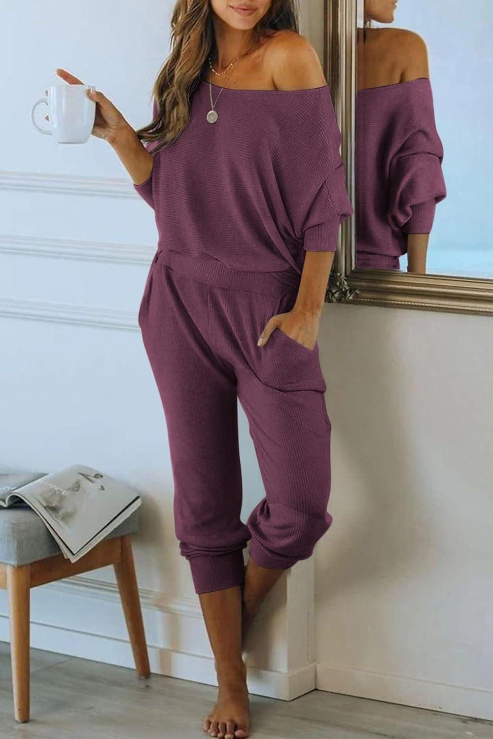 imagePRETTYGARDEN Two Piece Sets for Women 2026 Casual Ribbed Knit Off Shoulder Tops Lounge Pants Fall Tracksuits Winter ClothesPurple Red