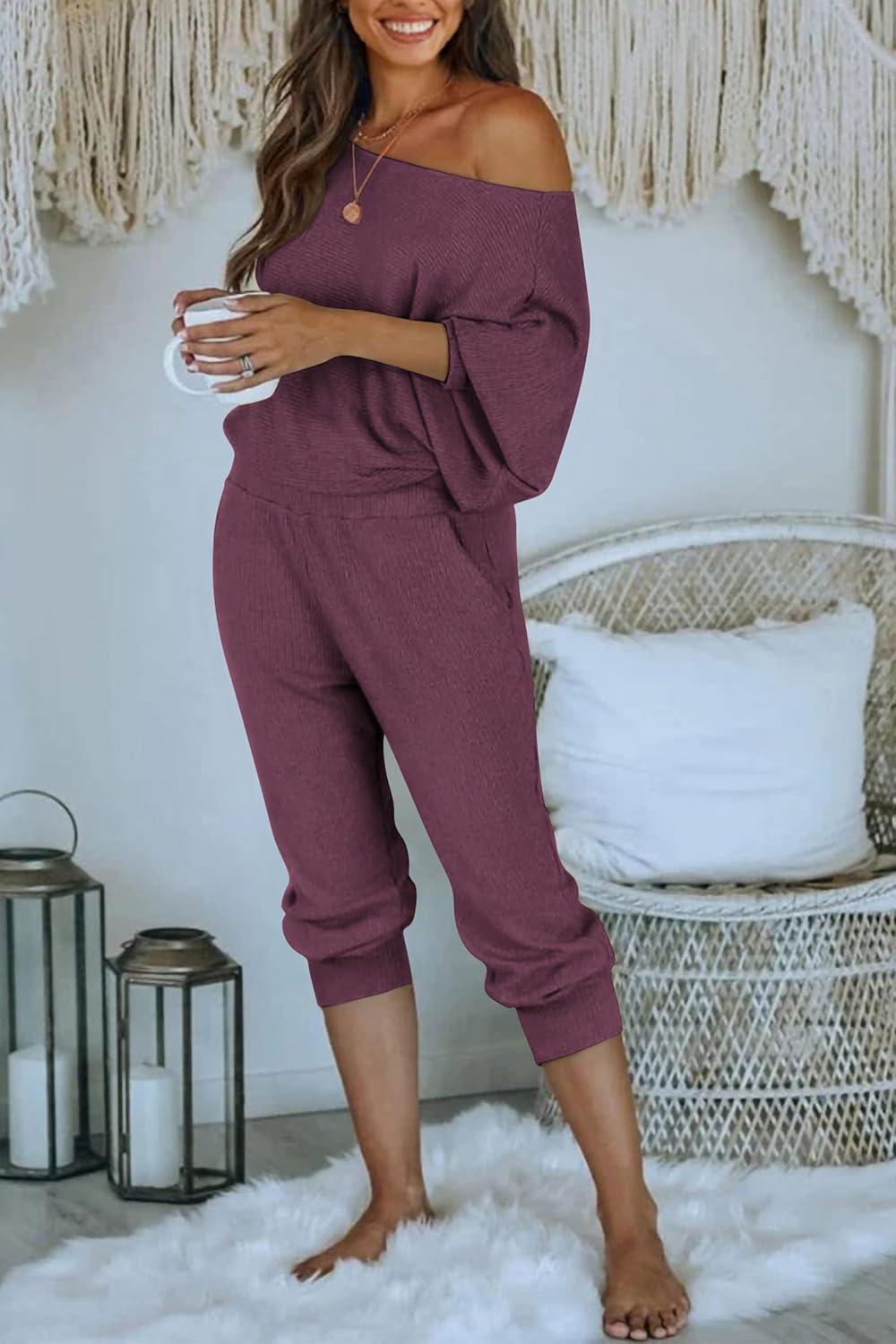 imagePRETTYGARDEN Two Piece Sets for Women 2026 Casual Ribbed Knit Off Shoulder Tops Lounge Pants Fall Tracksuits Winter ClothesPurple Red