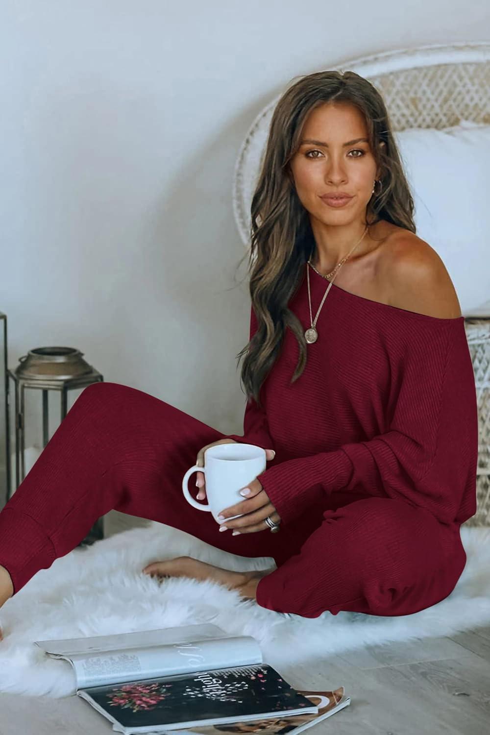 imagePRETTYGARDEN Two Piece Sets for Women 2026 Casual Ribbed Knit Off Shoulder Tops Lounge Pants Fall Tracksuits Winter ClothesWine Red