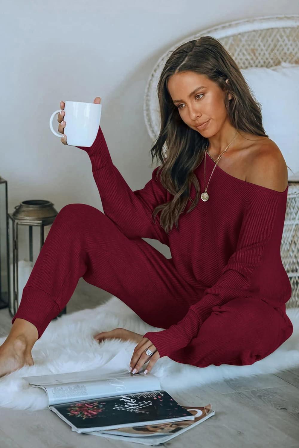 imagePRETTYGARDEN Two Piece Sets for Women 2026 Casual Ribbed Knit Off Shoulder Tops Lounge Pants Fall Tracksuits Winter ClothesWine Red