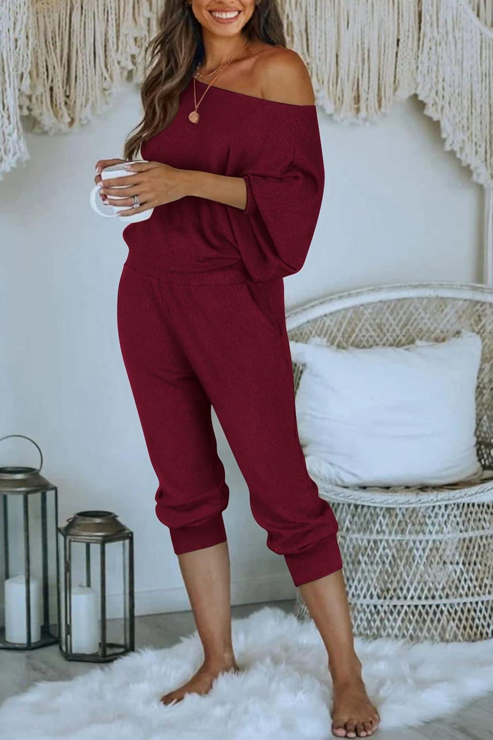 imagePRETTYGARDEN Two Piece Sets for Women 2026 Casual Ribbed Knit Off Shoulder Tops Lounge Pants Fall Tracksuits Winter ClothesWine Red