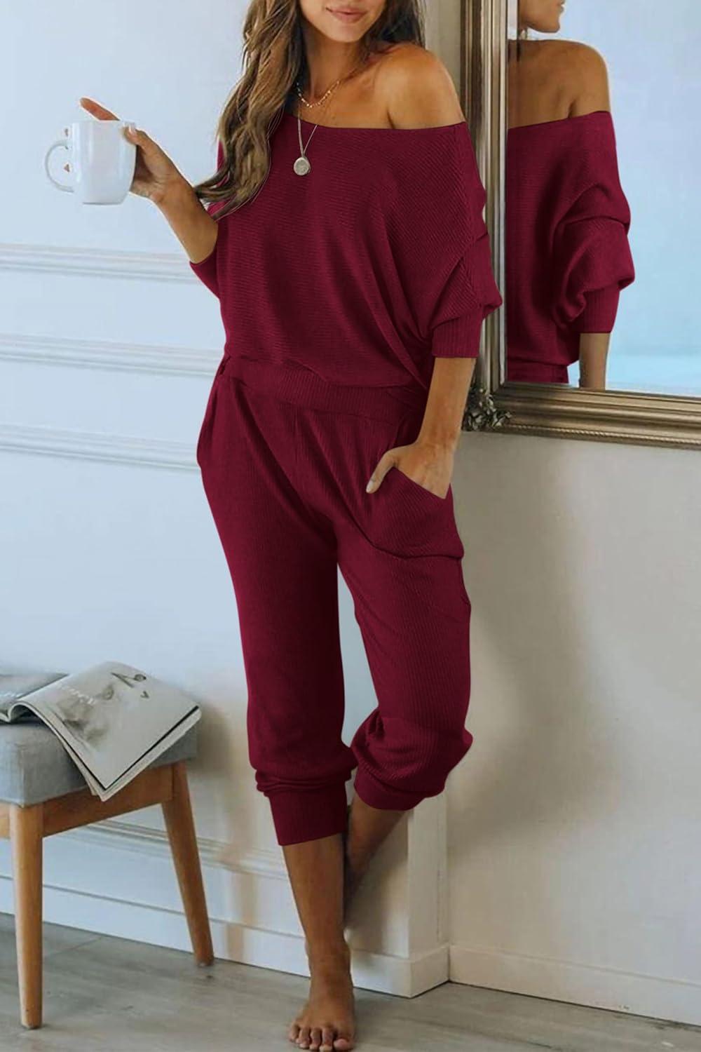 imagePRETTYGARDEN Two Piece Sets for Women 2026 Casual Ribbed Knit Off Shoulder Tops Lounge Pants Fall Tracksuits Winter ClothesWine Red