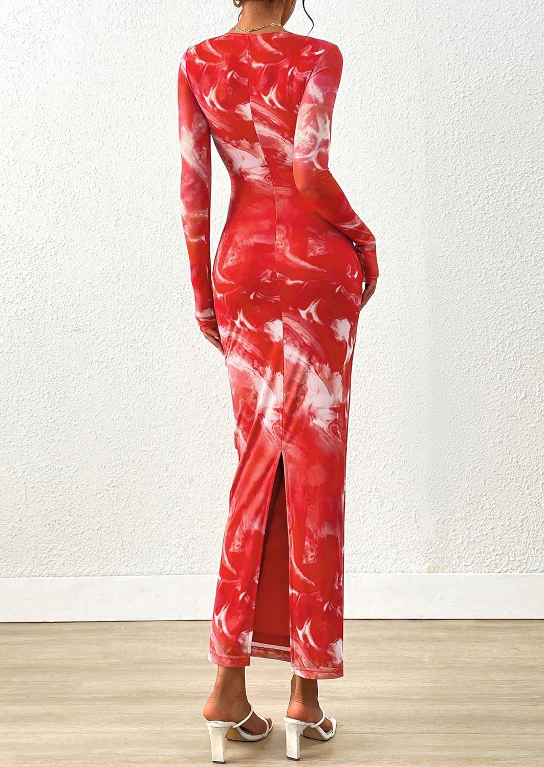 imagePRETTYGARDEN Wedding Guest Dresses for Women Spring Long Sleeve Ruched Bodycon Floral Mesh Cocktail Party Fall Maxi DressBrick Red Floral
