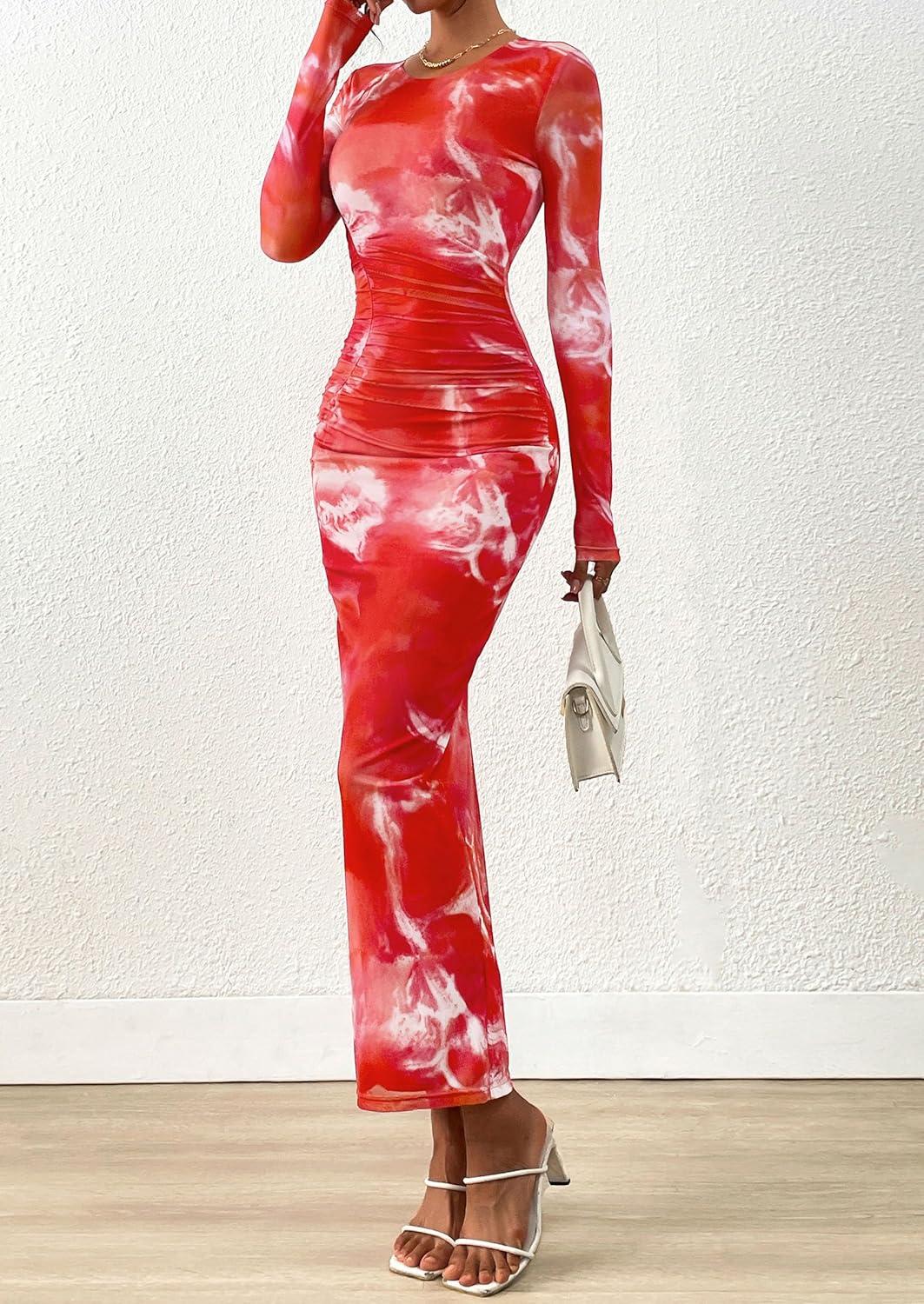 imagePRETTYGARDEN Wedding Guest Dresses for Women Spring Long Sleeve Ruched Bodycon Floral Mesh Cocktail Party Fall Maxi DressBrick Red Floral
