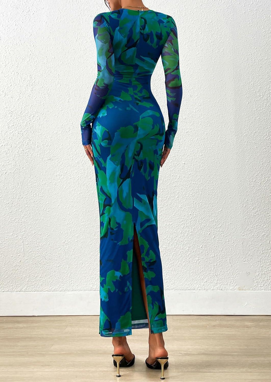 imagePRETTYGARDEN Wedding Guest Dresses for Women Spring Long Sleeve Ruched Bodycon Floral Mesh Cocktail Party Fall Maxi DressGreen Floral