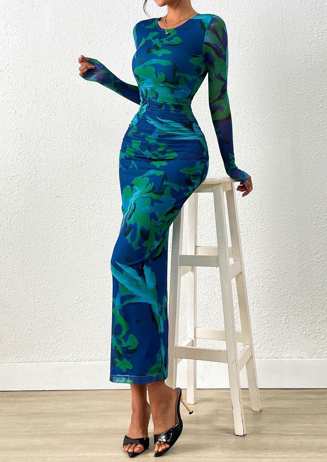 imagePRETTYGARDEN Wedding Guest Dresses for Women Spring Long Sleeve Ruched Bodycon Floral Mesh Cocktail Party Fall Maxi DressGreen Floral