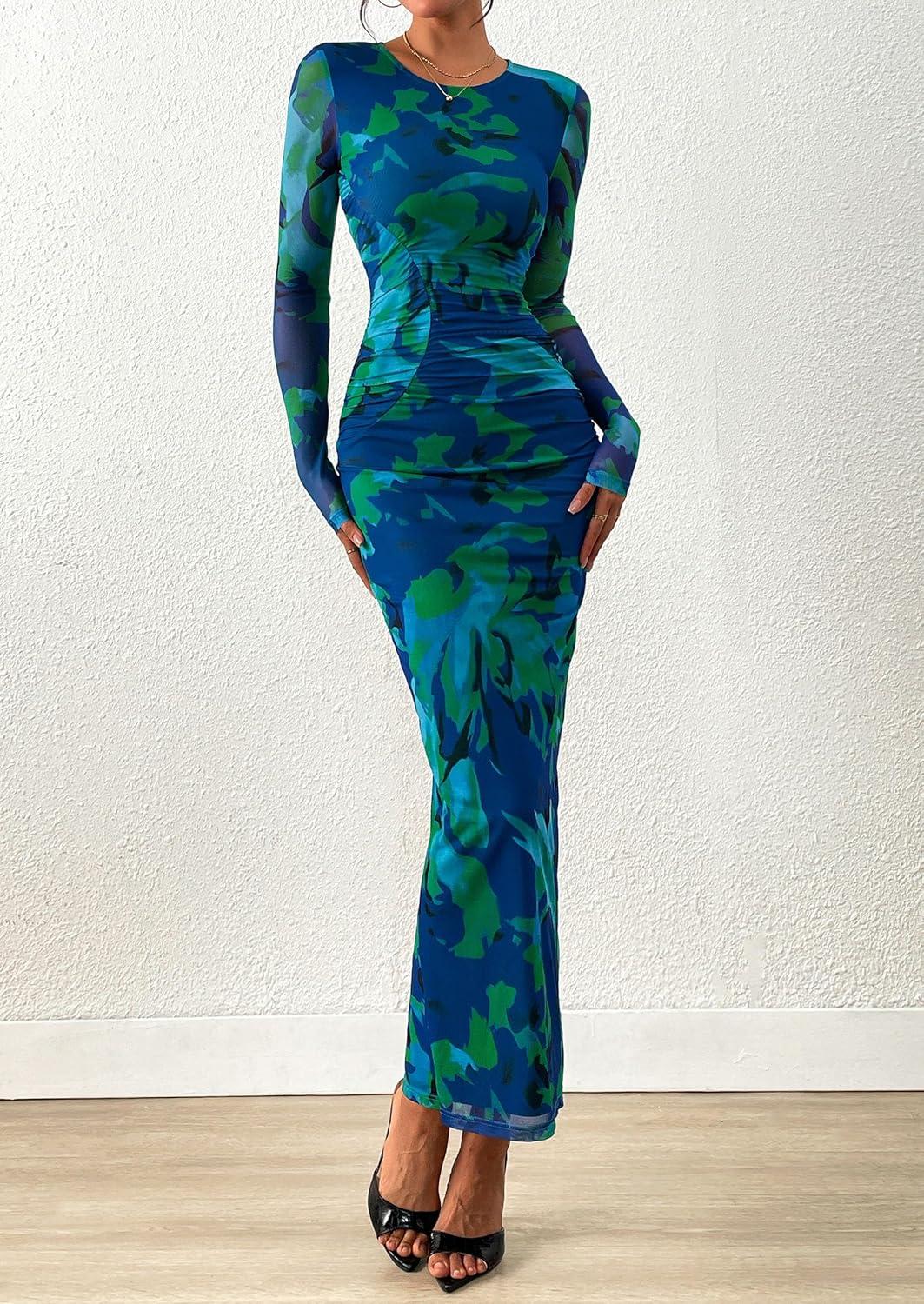 imagePRETTYGARDEN Wedding Guest Dresses for Women Spring Long Sleeve Ruched Bodycon Floral Mesh Cocktail Party Fall Maxi DressGreen Floral