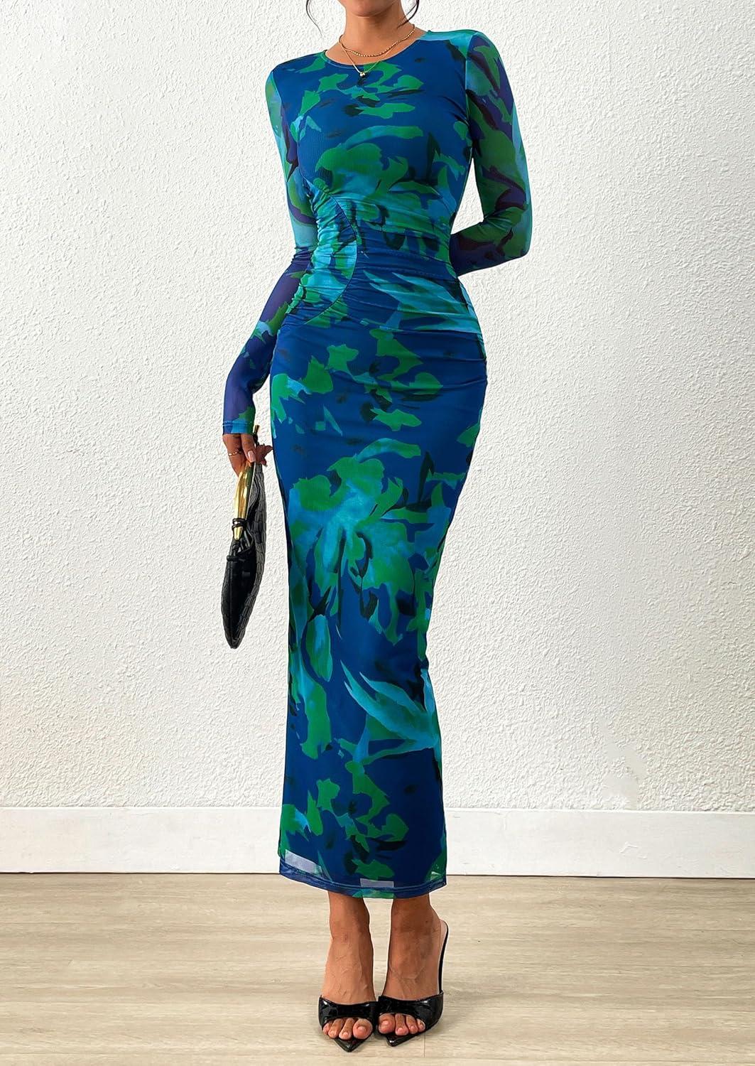 imagePRETTYGARDEN Wedding Guest Dresses for Women Spring Long Sleeve Ruched Bodycon Floral Mesh Cocktail Party Fall Maxi DressGreen Floral
