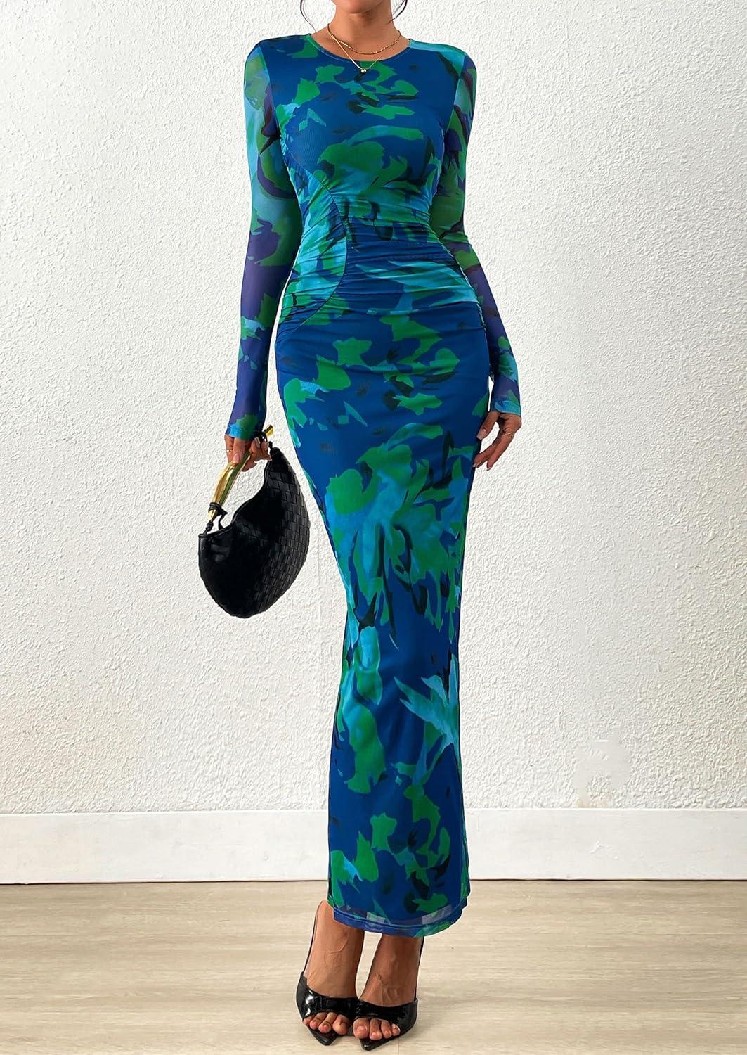 imagePRETTYGARDEN Wedding Guest Dresses for Women Spring Long Sleeve Ruched Bodycon Floral Mesh Cocktail Party Fall Maxi DressGreen Floral