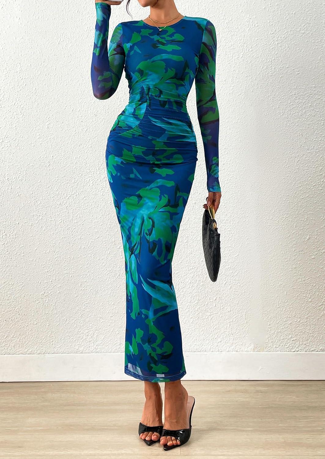 imagePRETTYGARDEN Wedding Guest Dresses for Women Spring Long Sleeve Ruched Bodycon Floral Mesh Cocktail Party Fall Maxi DressGreen Floral