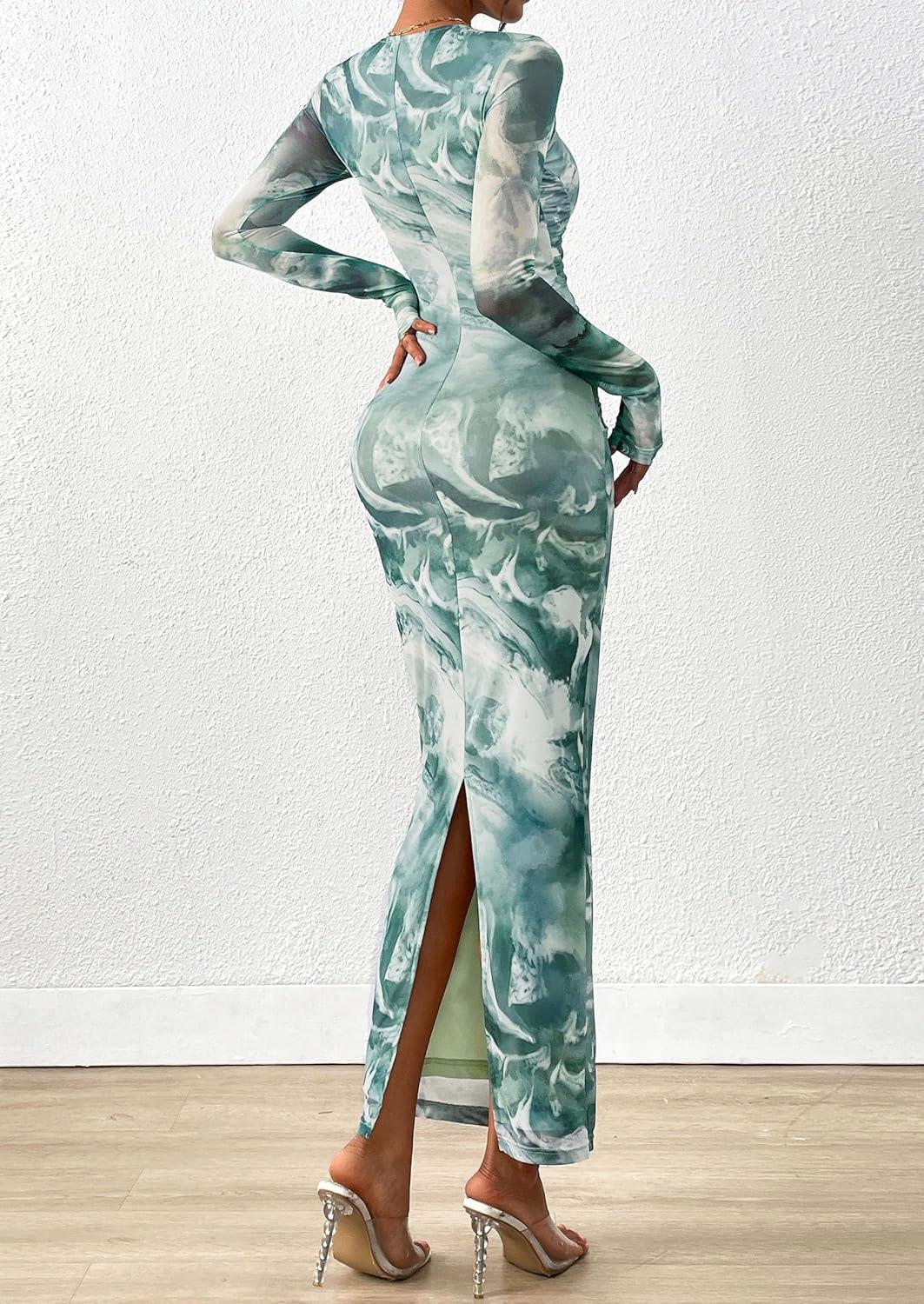 imagePRETTYGARDEN Wedding Guest Dresses for Women Spring Long Sleeve Ruched Bodycon Floral Mesh Cocktail Party Fall Maxi DressGrey Green Floral