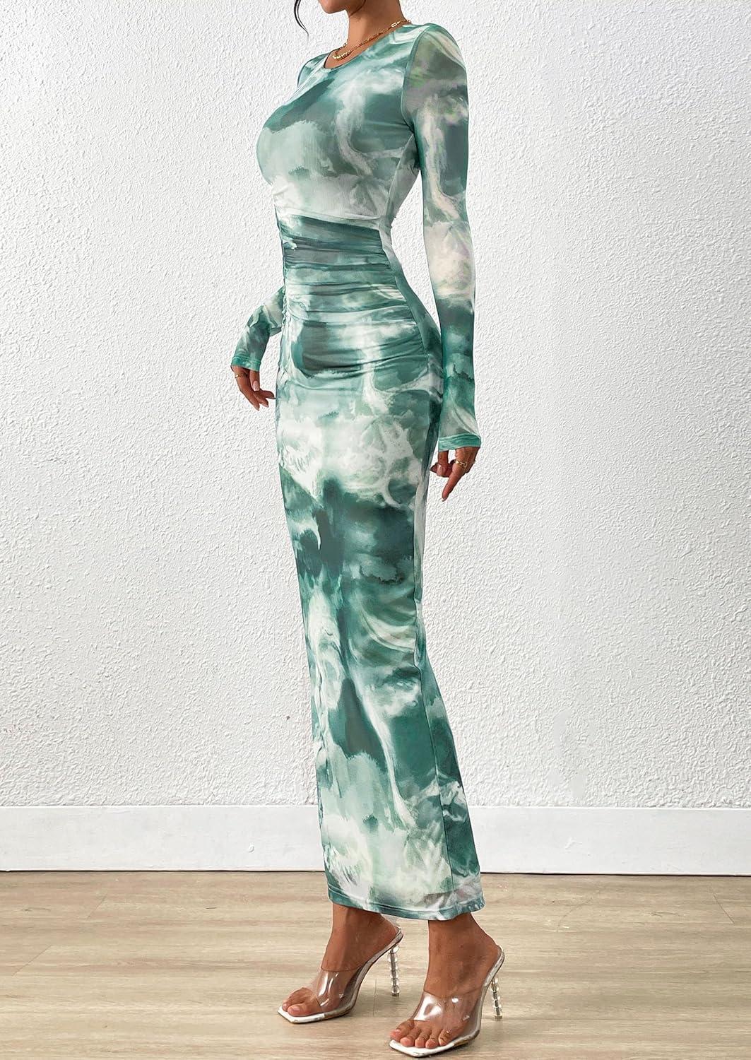 imagePRETTYGARDEN Wedding Guest Dresses for Women Spring Long Sleeve Ruched Bodycon Floral Mesh Cocktail Party Fall Maxi DressGrey Green Floral
