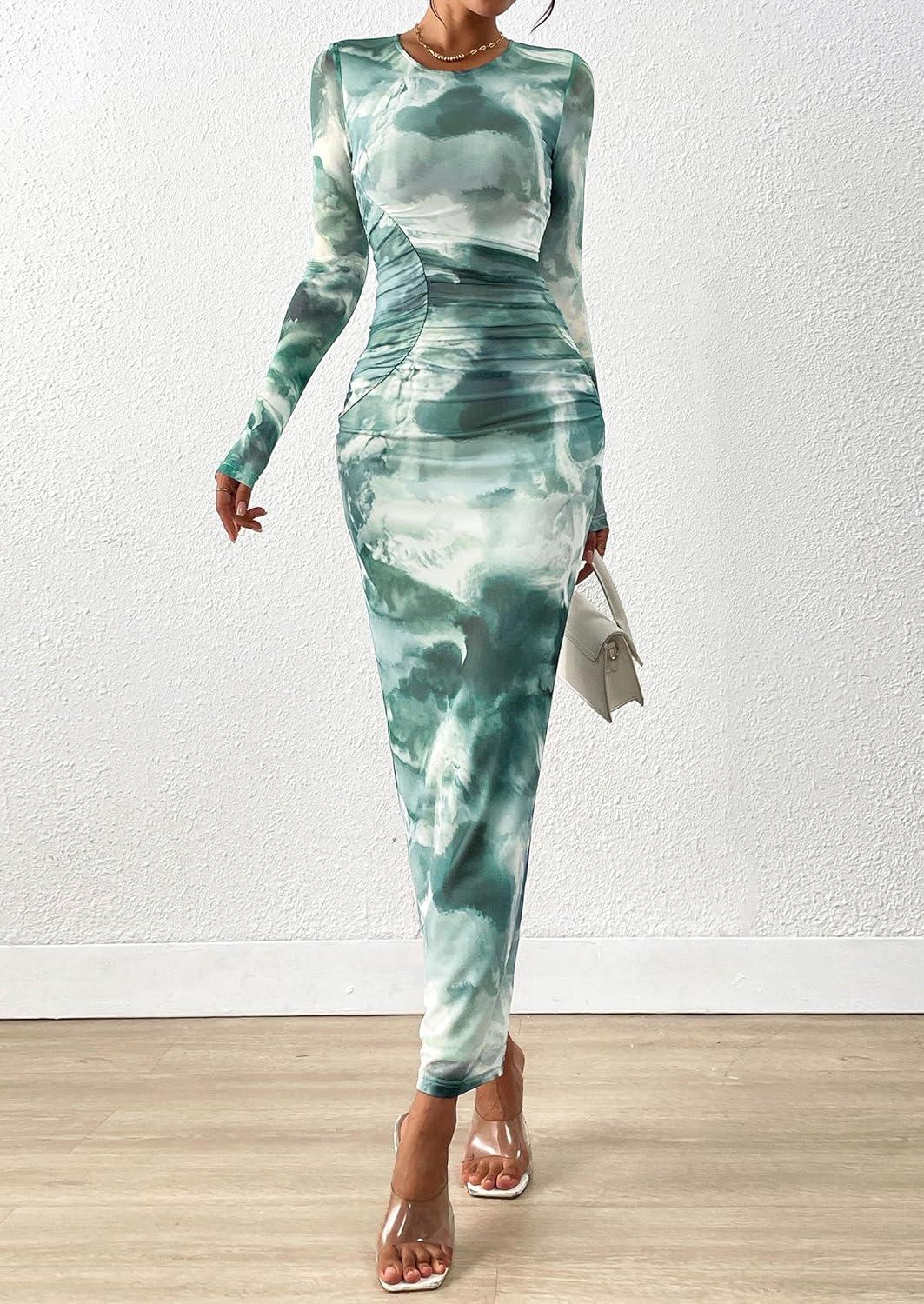 imagePRETTYGARDEN Wedding Guest Dresses for Women Spring Long Sleeve Ruched Bodycon Floral Mesh Cocktail Party Fall Maxi DressGrey Green Floral