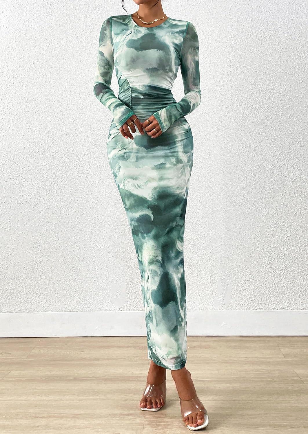 imagePRETTYGARDEN Wedding Guest Dresses for Women Spring Long Sleeve Ruched Bodycon Floral Mesh Cocktail Party Fall Maxi DressGrey Green Floral