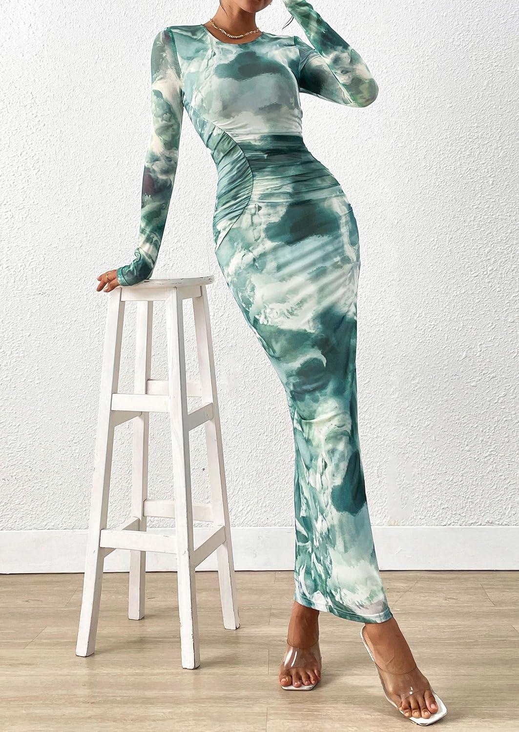imagePRETTYGARDEN Wedding Guest Dresses for Women Spring Long Sleeve Ruched Bodycon Floral Mesh Cocktail Party Fall Maxi DressGrey Green Floral