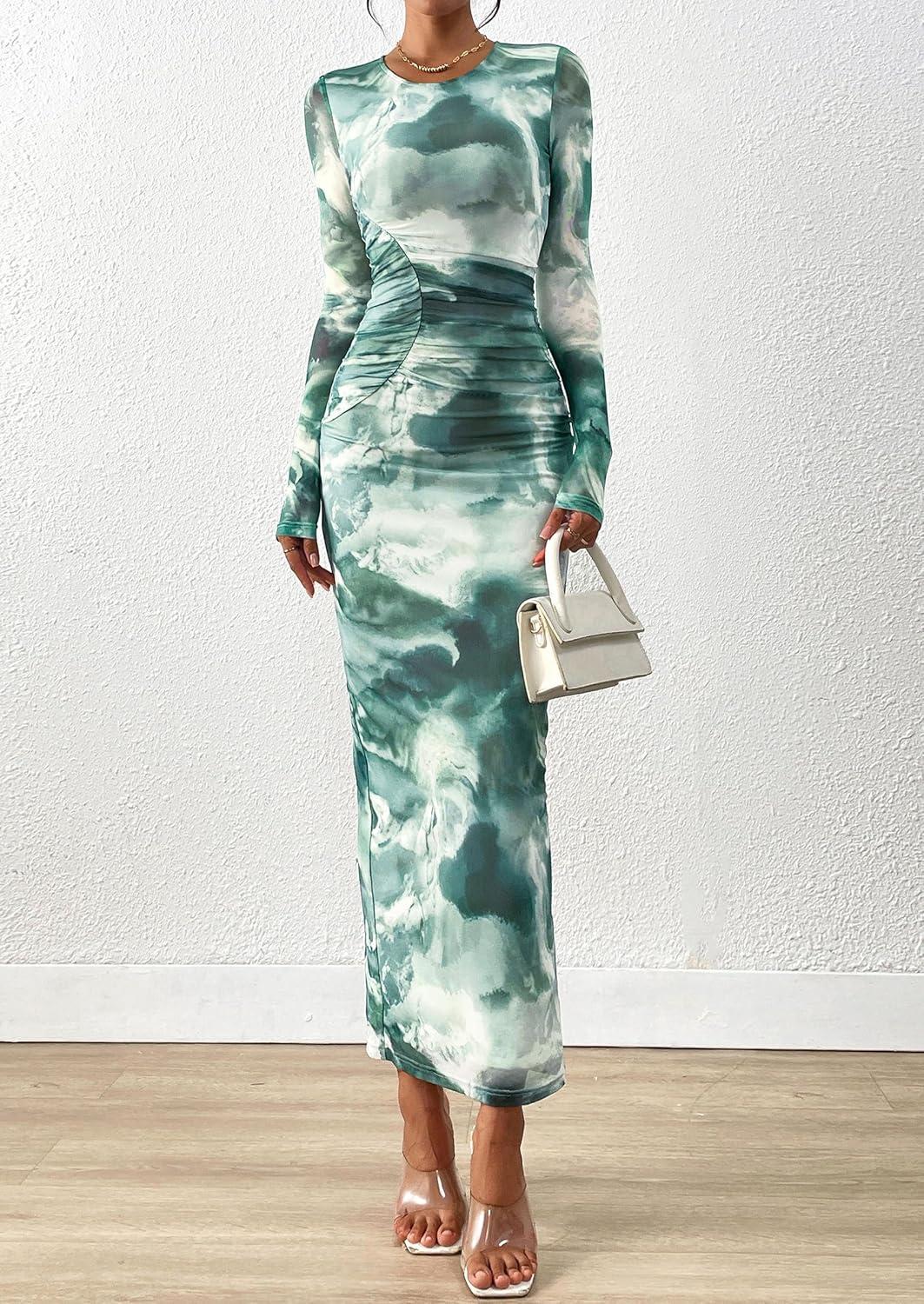 imagePRETTYGARDEN Wedding Guest Dresses for Women Spring Long Sleeve Ruched Bodycon Floral Mesh Cocktail Party Fall Maxi DressGrey Green Floral
