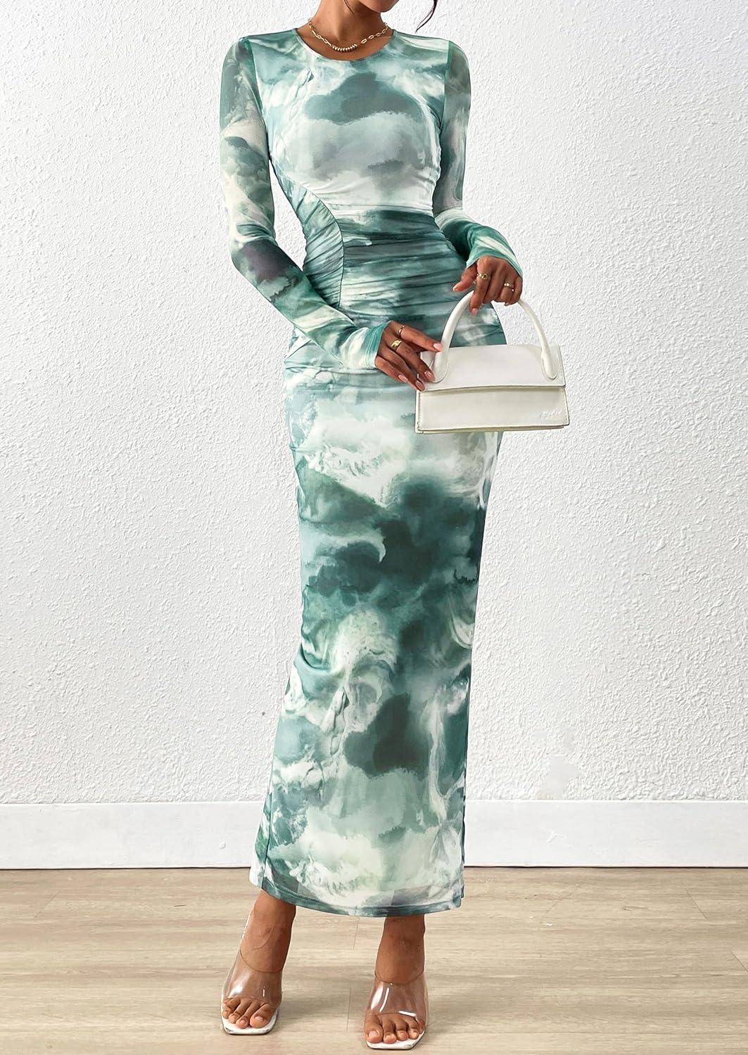 imagePRETTYGARDEN Wedding Guest Dresses for Women Spring Long Sleeve Ruched Bodycon Floral Mesh Cocktail Party Fall Maxi DressGrey Green Floral