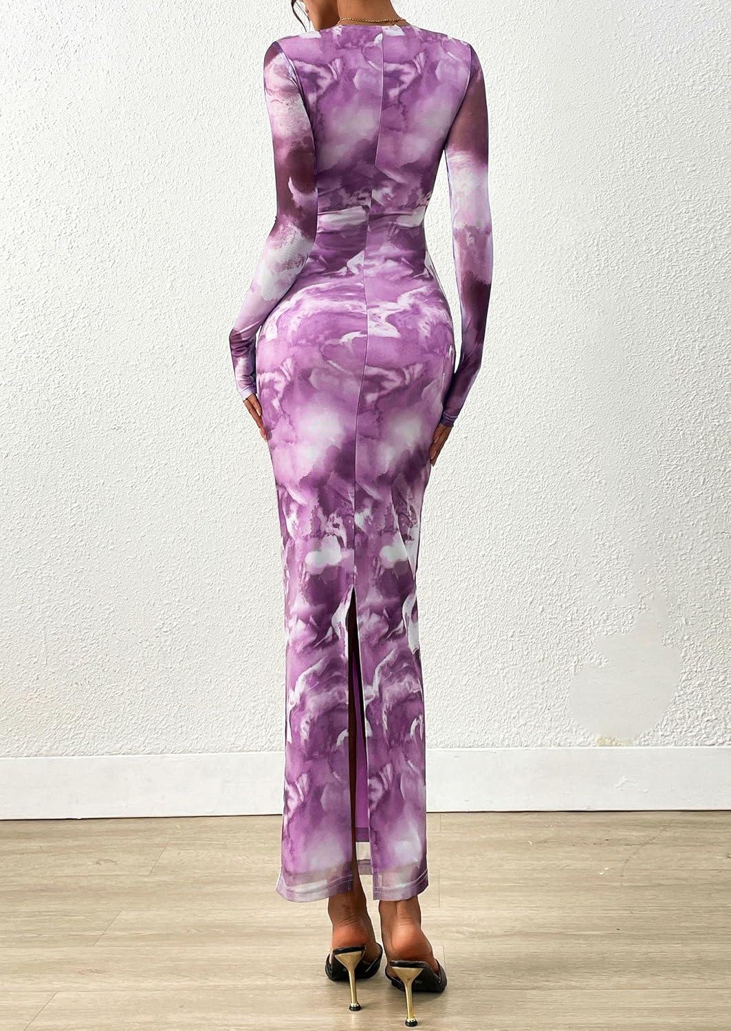 imagePRETTYGARDEN Wedding Guest Dresses for Women Spring Long Sleeve Ruched Bodycon Floral Mesh Cocktail Party Fall Maxi DressGrey Purple Floral