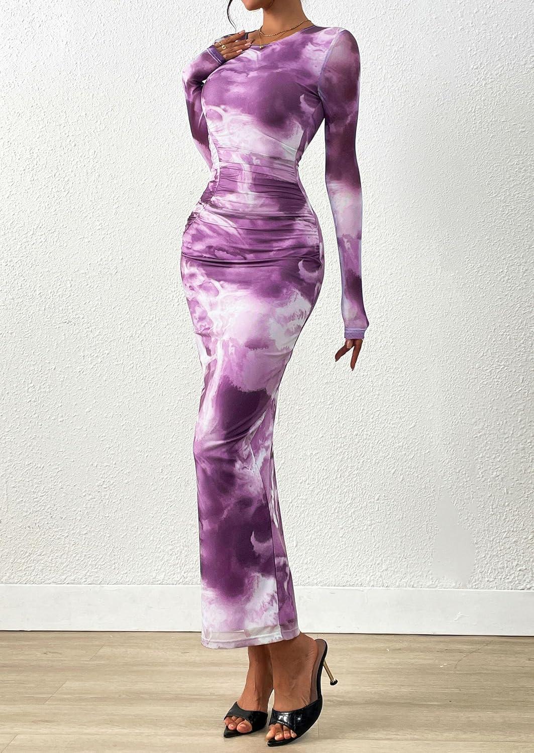 imagePRETTYGARDEN Wedding Guest Dresses for Women Spring Long Sleeve Ruched Bodycon Floral Mesh Cocktail Party Fall Maxi DressGrey Purple Floral