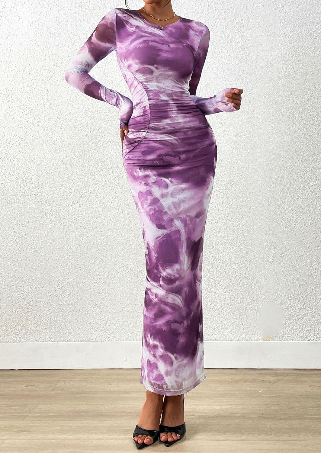 imagePRETTYGARDEN Wedding Guest Dresses for Women Spring Long Sleeve Ruched Bodycon Floral Mesh Cocktail Party Fall Maxi DressGrey Purple Floral