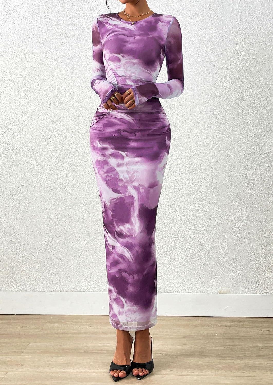 imagePRETTYGARDEN Wedding Guest Dresses for Women Spring Long Sleeve Ruched Bodycon Floral Mesh Cocktail Party Fall Maxi DressGrey Purple Floral