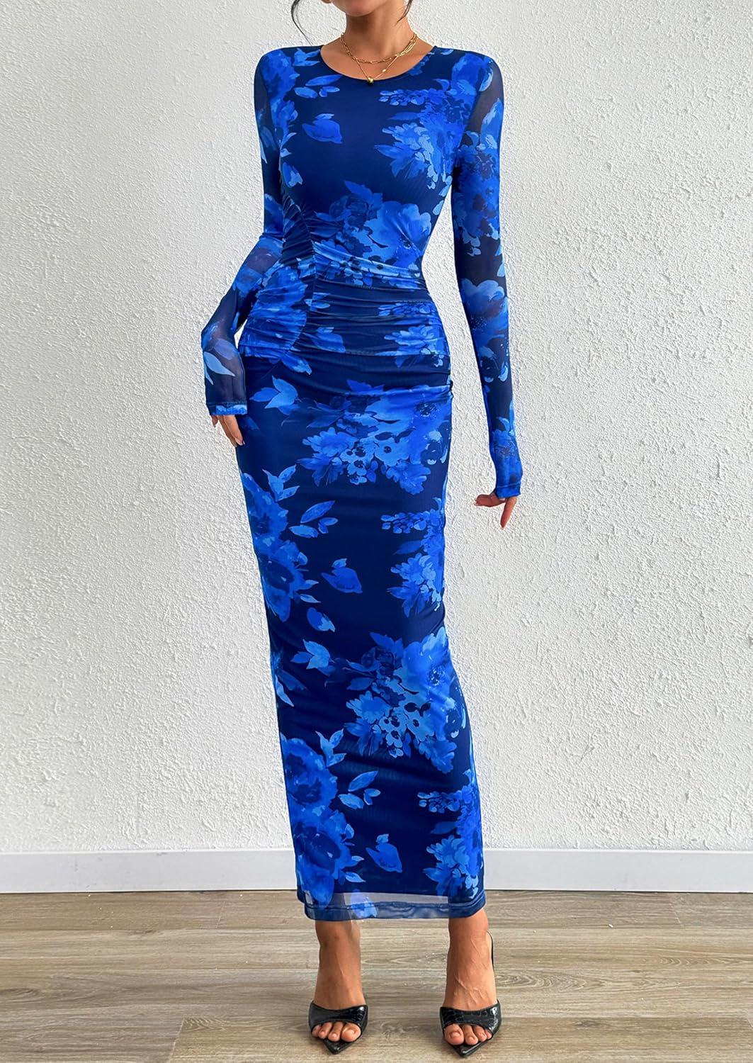 imagePRETTYGARDEN Wedding Guest Dresses for Women Spring Long Sleeve Ruched Bodycon Floral Mesh Cocktail Party Fall Maxi DressNavy Blue Floral