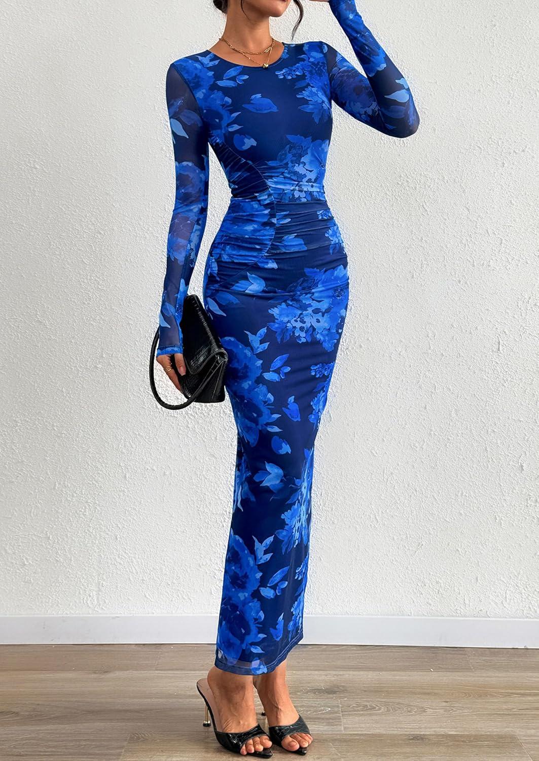 imagePRETTYGARDEN Wedding Guest Dresses for Women Spring Long Sleeve Ruched Bodycon Floral Mesh Cocktail Party Fall Maxi DressNavy Blue Floral