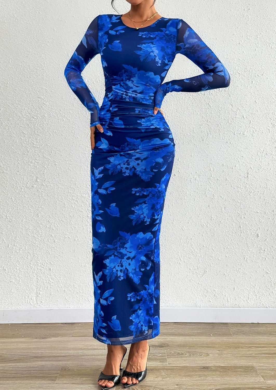 imagePRETTYGARDEN Wedding Guest Dresses for Women Spring Long Sleeve Ruched Bodycon Floral Mesh Cocktail Party Fall Maxi DressNavy Blue Floral